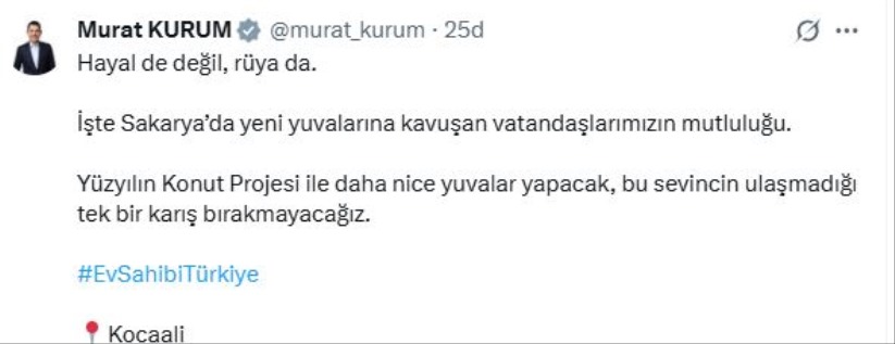 Bakan Kurum'dan sosyal konut paylaşımı