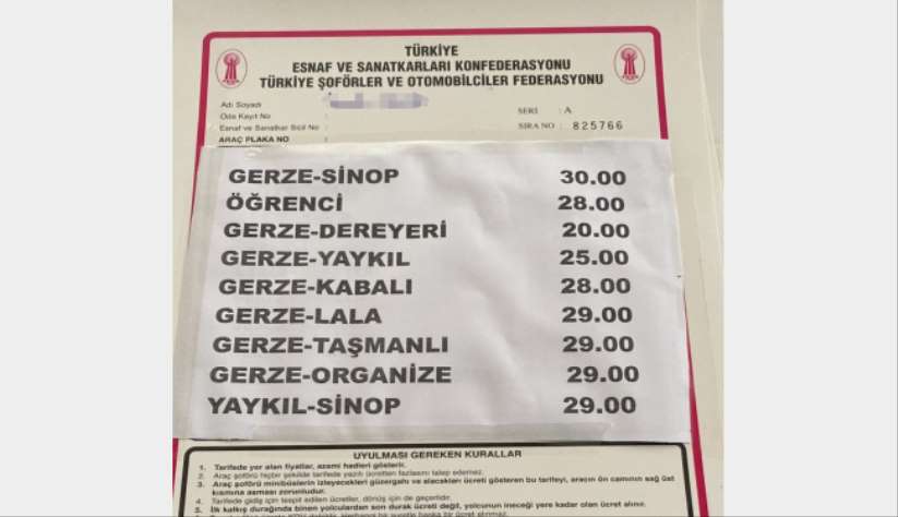 Sinop-Gerze dolmu tarifesine 5 TL zam - Sinop haber