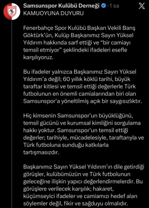 Samsunspor'dan, Fenerbahçe Başkan Vekili Barış Göktürk'ün sözlerine tepki