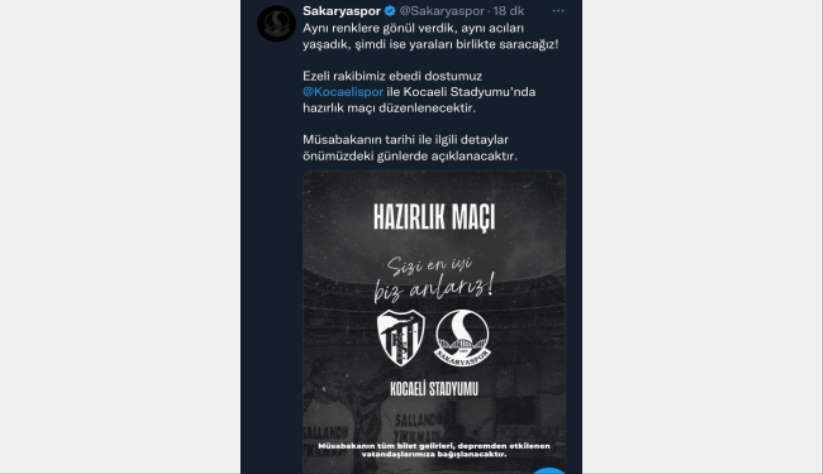 Sakaryaspor-Kocaelispor hazrlk maç gelirlerini depremzedelere balayacak - Sakarya haber